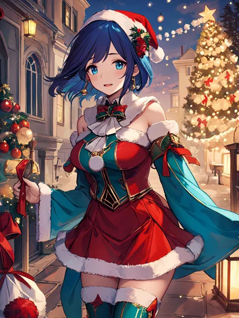 masterpiece,best quality,highres,cinematic lighting,dramatic angle,1girl,<lora:ShadowverseHomunculusSistersV1:0.8> ,LazuliChristmas,short hair,blue eyes,blue hair,hair bun,short braided side ponytail,red and green dress,thighhighs,christmas streetscape,holding gift box,present,detached sleeves,long sleeves,bare shoulders,detached collar,happy,leading Christmas Deer,christmas tree,lantern