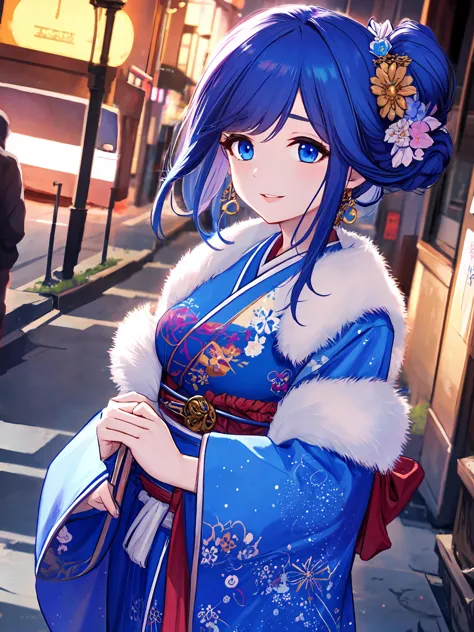 masterpiece,best quality,highres,cinematic lighting,dramatic angle,1girl,<lora:ShadowverseHomunculusSistersV1:0.8> ,japanese clothes,sash,knots,streetscape,night,lights,crowd,looking at viewer,smile,blue hair,blue eyes,hair flower,hair ornament,fur trim,wide sleeves,hair bun,short braided side ponytail,happy,parted lips