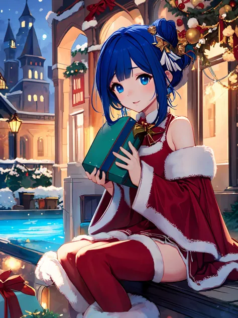 masterpiece,best quality,highres,cinematic lighting,dramatic angle,1girl,<lora:ShadowverseHomunculusSistersV1:0.8> ,LazuliChristmas,short hair,blue eyes,blue hair,hair bun,short braided side ponytail,red and green dress,thighhighs,christmas streetscape,holding gift box,present,detached sleeves,long sleeves,bare shoulders,detached collar,happy,leading Christmas Deer,christmas tree,lantern