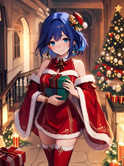 masterpiece,best quality,highres,cinematic lighting,dramatic angle,1girl,<lora:ShadowverseHomunculusSistersV1:0.8> ,LazuliChristmas,short hair,blue eyes,blue hair,hair bun,short braided side ponytail,red and green dress,thighhighs,christmas streetscape,holding gift box,present,detached sleeves,long sleeves,bare shoulders,detached collar,happy,leading Christmas Deer,christmas tree,lantern