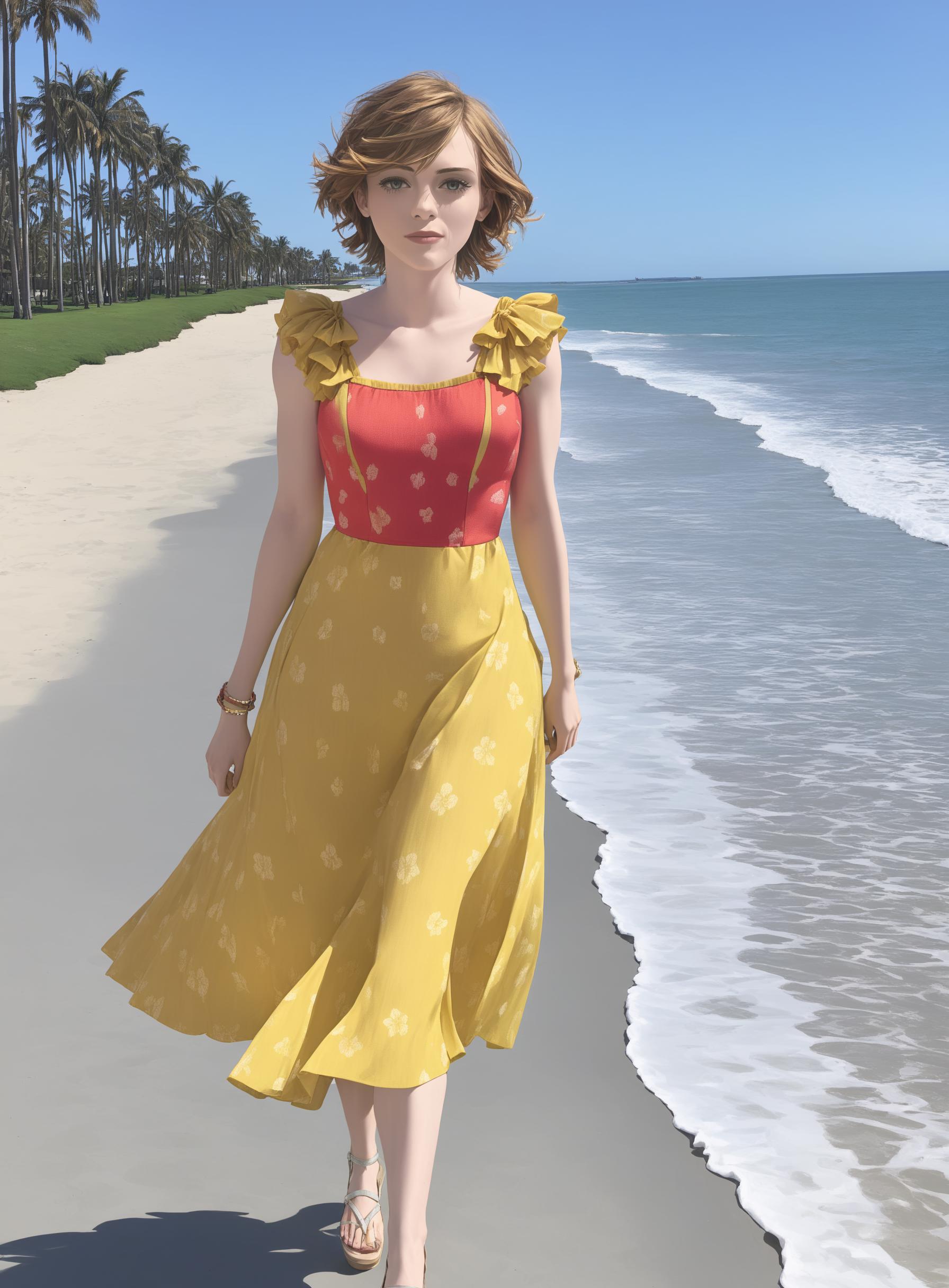 Arafed woman walking on the beach with a yellow dress - SeaArt AI