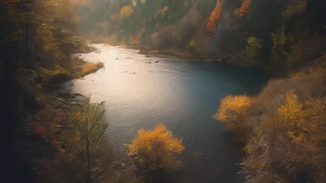 arafed view of a river surrounded by trees in the fall