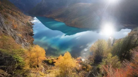 arafed view of a lake surrounded by mountains and trees