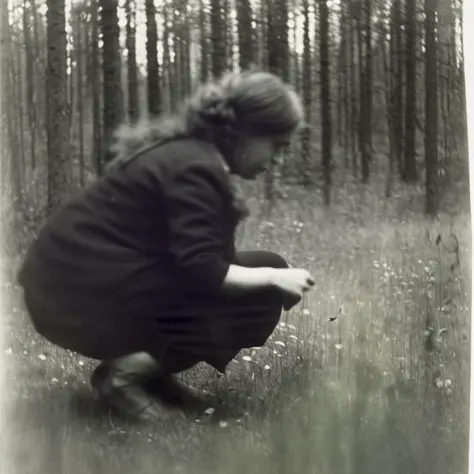 A woman squats on the grass in the forest, photo by Miroslav Tichy