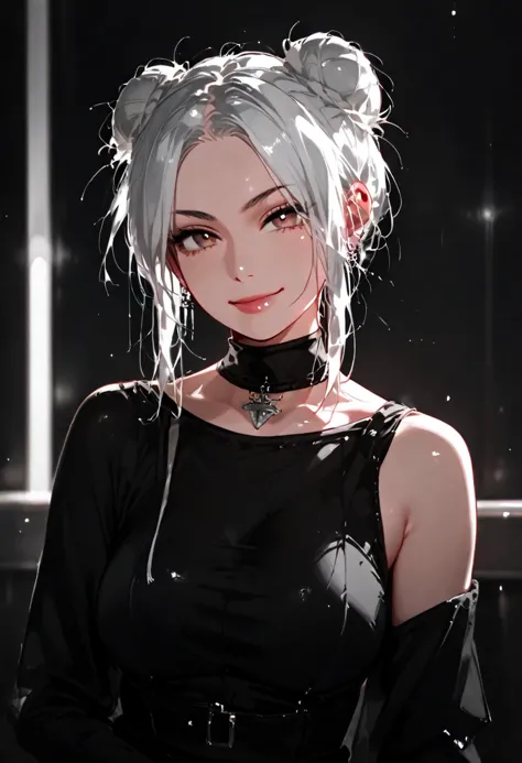 score_9, score_8_up, score_7_up, Goth girl, 1girl, monochrome, hood up, black pants, spot color, white hair, shirt, industrial background, industrial pipe, brutalism, brutalist architecture, large breasts, looking at viewer, (Messy hair in a bun), smirk, turtleneck dress, cinematic composition, dramatic light, backlight, depth of field