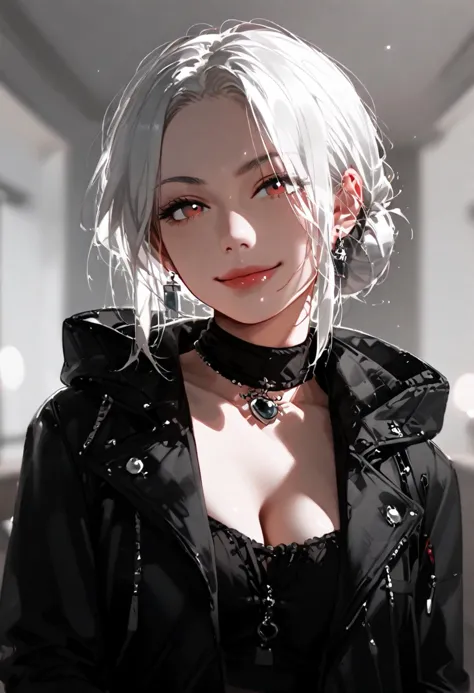 score_9, score_8_up, score_7_up, Goth girl, 1girl, monochrome, hood up, black pants, spot color, white hair, shirt, industrial background, industrial pipe, brutalism, brutalist architecture, large breasts, looking at viewer, (Messy hair in a bun), smirk, turtleneck dress, cinematic composition, dramatic light, backlight, depth of field