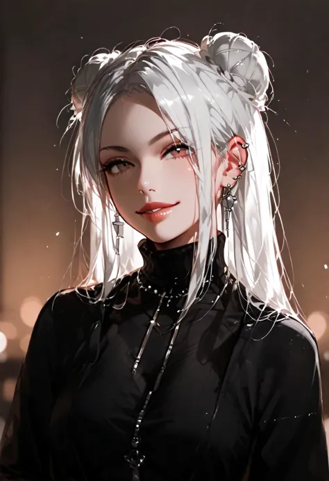 score_9, score_8_up, score_7_up, Goth girl, 1girl, monochrome, hood up, black pants, spot color, white hair, shirt, industrial background, industrial pipe, brutalism, brutalist architecture, large breasts, looking at viewer, (Messy hair in a bun), smirk, turtleneck dress, cinematic composition, dramatic light, backlight, depth of field