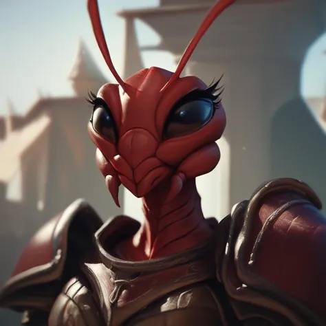 a close up of a red alien with a large head