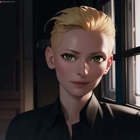 Best_QualityPos, RAW photo, intricate details, best quality, 8k uhd, soft lighting, 1girl, solo, short hair, blonde hair, (hair slicked back:1.4), green eyes, black collared shirt <lora:Tilda_Swinton:0.7> <lora:LowRA:0.6>