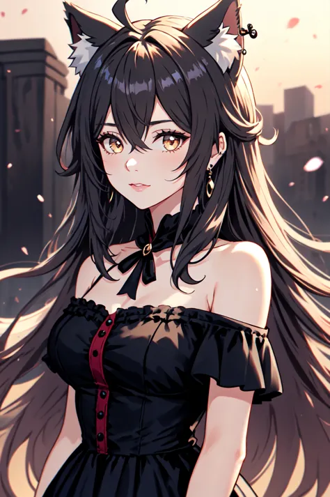 anime girl with long hair wearing a black dress and cat ears