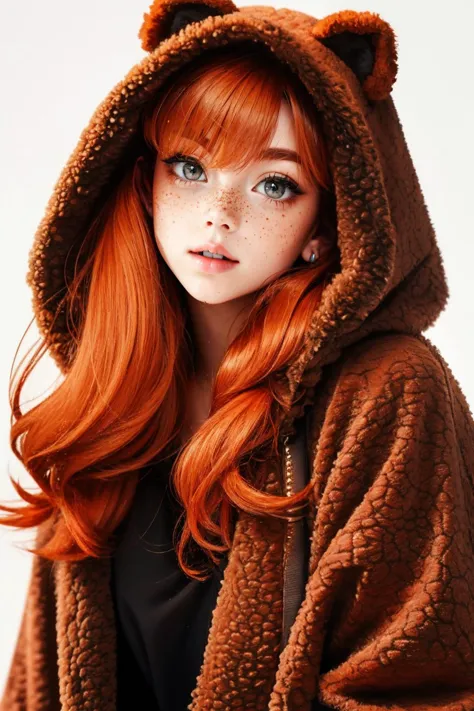 <lora:detail_slider_v4:1> <lora:Fr3ckles:0.7> Fr3ckles, ginger hair, grey eyes, freckles, 1girl,  <lora:b34rc04t:0.75> b34rc04t, white background, fuzzy jacket, open coat, animal hood,