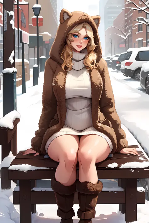 there is a woman sitting on a bench in the snow