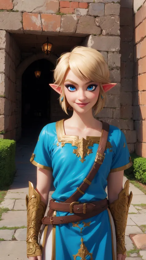 Link,short blond hair,pointy ears,blue eyes,light makeup,
LGear,belt,bridal gauntlets,blue tunic,
mercenary tavern,outside,village,street,
(insanely detailed, beautiful detailed face, masterpiece, best quality) standing,upper body,smiling,
<lora:fbLink-10v6:0.7>,