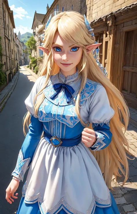 a close up of a woman in a blue dress and a white dress