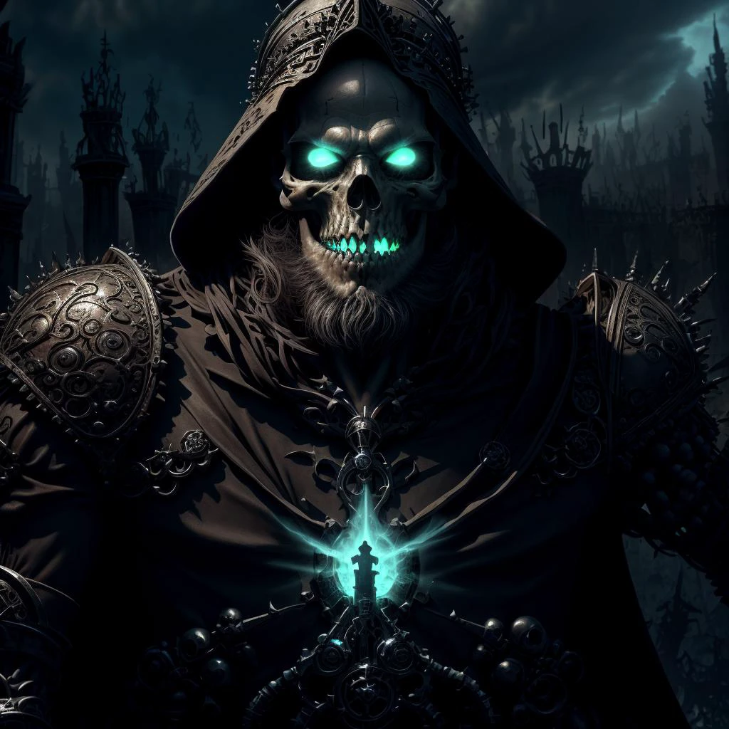 necromancer conjures and summons skeletons, (young man 30 years old with small beard), green glowing eyes, magician conjures and uses magic, a man dressed in a dark caftan with a cloak and fur shoulder pads, (upper body), ((close up)), hyper detailed face, black and blue rich aristocratic suit, ruined fallen citadel on the background, extra detailed art, world of victorious evil, the army of skeletons goes on the assault, artstation realistic winning award art by professional concept artists, realistic shot, realistic face, skin pores, realistic art