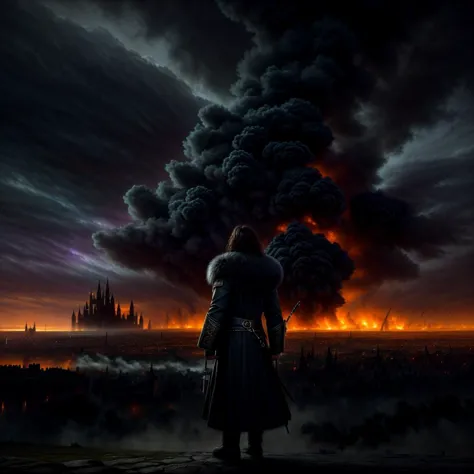 a man standing in front of a fire with a castle in the background