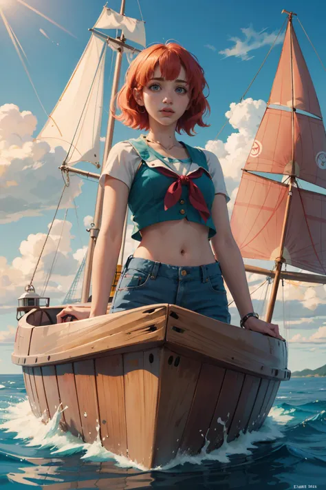 a woman in a sailor outfit standing on a boat in the ocean