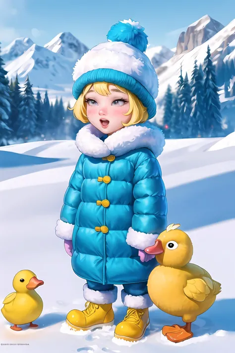 A small, soft and cuddly yellow duck standing on the snow with a cute hat, in the style of disney animation, Pure green backgrou...