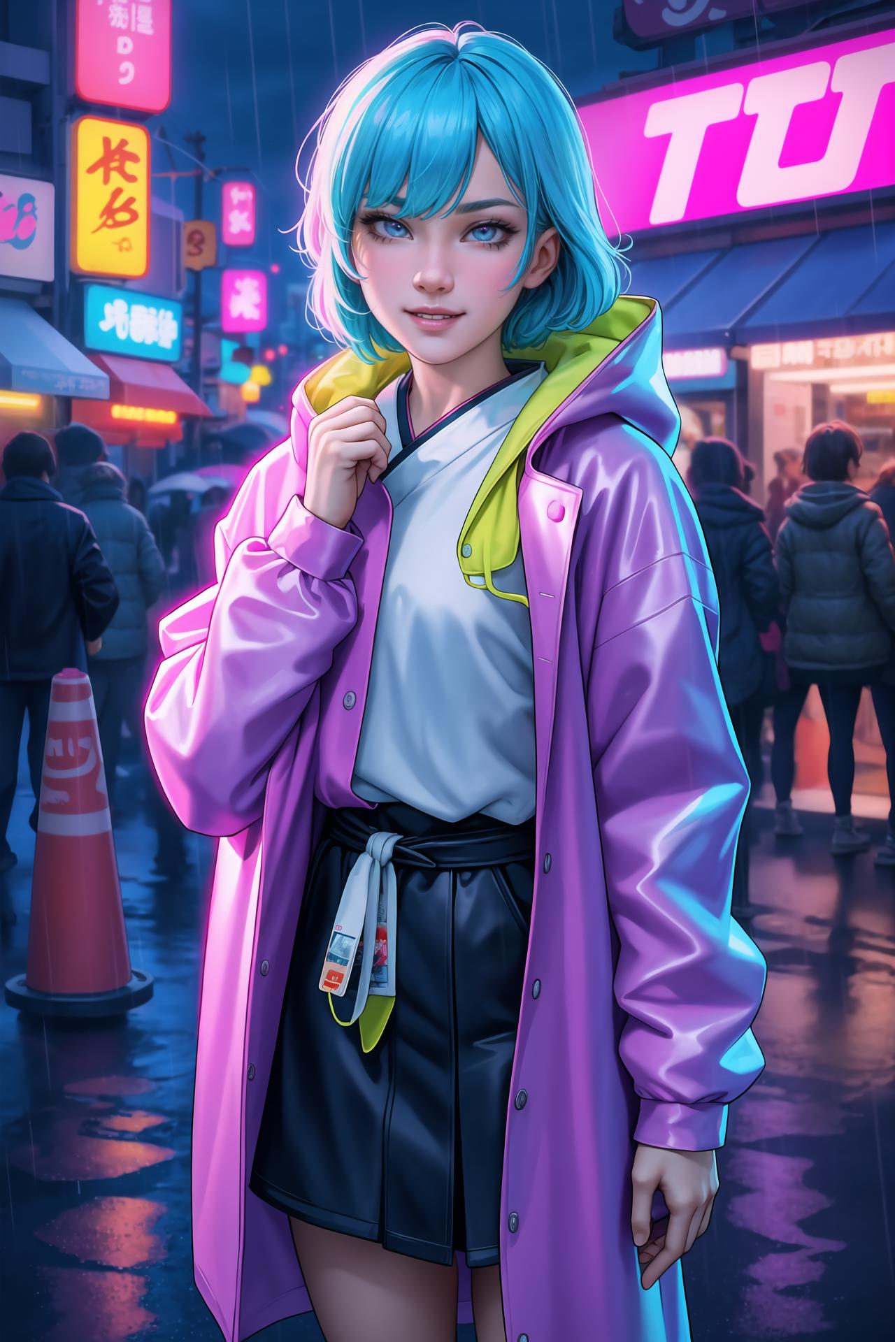 A woman with blue hair and a purple jacket standing in the rain - SeaArt AI