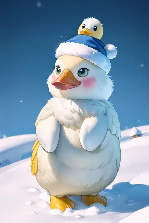 A small, soft and cuddly yellow duck standing on the snow with a cute hat, in the style of disney animation, Pure green backgrou...