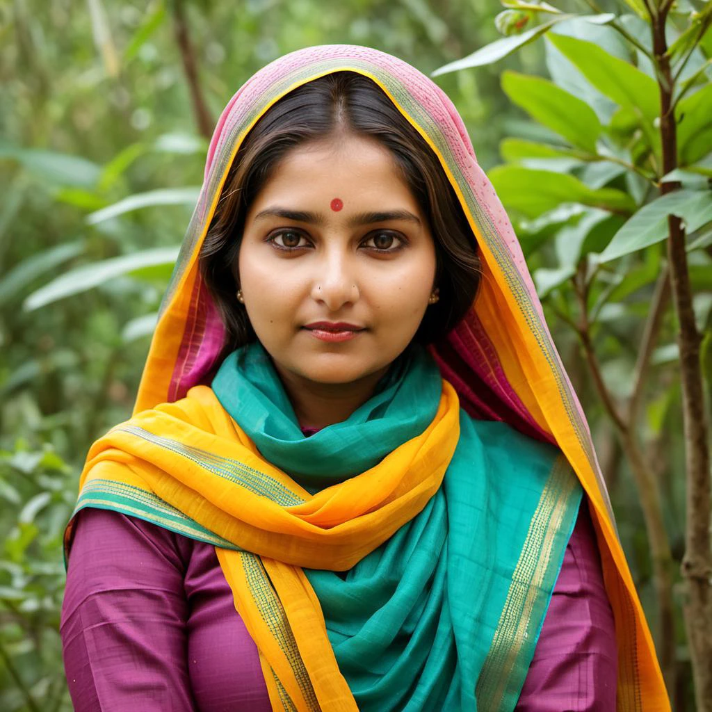 medium shot, (masterpiece:1.2), (best quality:1.2), portrait photo of pooja chatterjee, solo, 1girl, dark hair, simple, homely, covered up, wearing multiple Sari, wearing 5 Sari one on top another, wearing a sari scarf that hides her neck, wearing a sari scarf on top of her head, multiple layers, no skin showing kinda like a sari ninja, (detailed eyes:1.2), ultra detailed skin, detailed face, light on face, realistic skin, random pose, (ultra sharp image:1.2), realistic skin textures, non-offensive, non-triggering, wholesome, within Civitai TOS rules, within Civitai TOS guidelines, content that will not be deleted for breaking Civitai TOS, everything covered up except parts of her face