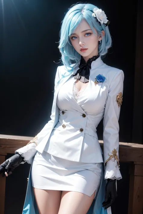 a close up of a woman in a white dress and blue hair