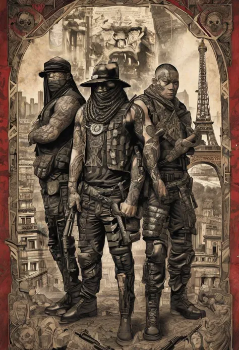 a poster of three soldiers standing in front of a city