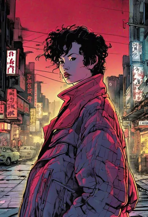 a woman in a pink jacket standing on a city street