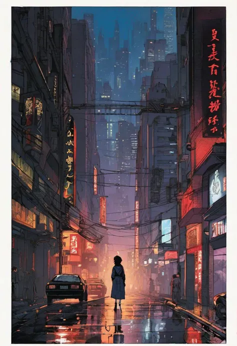 a painting of a person walking down a street at night