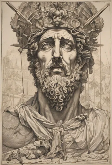 Damocles, portrayed with striking detail and depth, emerges from the canvas, a figure of both awe and apprehension. His weathered visage, etched with the lines of wisdom and burden, reflects the weight of the world upon his shoulders. The artist, capturing the essence of his story, depicts Damocles with a sword suspended above his head by a single thread, a constant reminder of the precariousness of power and the ever-present threat of danger. His eyes, filled with a mixture of fear and resignation, speak volumes about the tumultuous journey he has endured. Despite the symmetrical composition surrounding him, there is a palpable tension in the air, as if at any moment, the sword may come crashing down, forever altering the course of his fate.