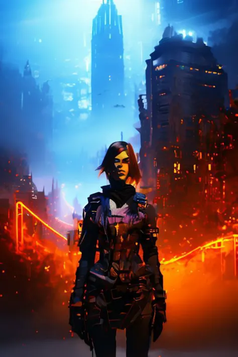 a woman in a futuristic city with a sci - fiction background