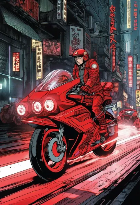 Comic Book Style: AKIRA NEO TOkYO
High speed chasing futuristic red motor bike Akira , with neo tokyo bandits
Drawing Style:
Semi-Realistic
Dynamic
Expressive
Coloring Style:
Muted Neo-Noir Palette
High Contrast
Atmospheric
Lighting Elements:
Neon Lights
Fog Diffusion
Limited Ambient Light