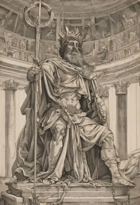 Damocles, portrayed with striking detail and depth, emerges from the canvas, a figure of both awe and apprehension. His weathered visage, etched with the lines of wisdom and burden, reflects the weight of the world upon his shoulders. The artist, capturing the essence of his story, depicts Damocles with a sword suspended above his head by a single thread, a constant reminder of the precariousness of power and the ever-present threat of danger. His eyes, filled with a mixture of fear and resignation, speak volumes about the tumultuous journey he has endured. Despite the symmetrical composition surrounding him, there is a palpable tension in the air, as if at any moment, the sword may come crashing down, forever altering the course of his fate.