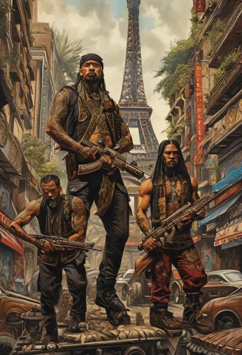 In the urban jungle near the Eiffel Tower, a mercenary group lurks, clad in chicano-inspired attire, their arms bristling with dangerous weaponry. Chinese iconography and Dayak tattoo art adorn their gear as they navigate the streets with a lethal grace. Pulsating darksynth music adds to the tension, reminiscent of characters from iconic album covers. Their presence, like a phantasmagoria poster, blends elements of realistic cityscapes, indigenous culture, emotive portraits, Cambodian art, American tonalist, furaffinity, and yankeecore influences