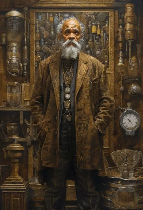 painting of a man standing in front of a wall with clocks