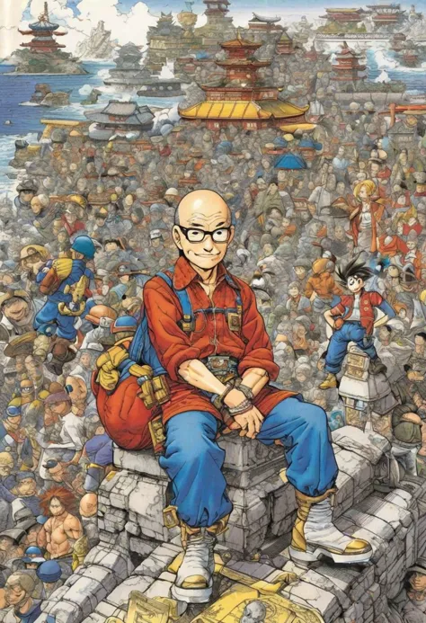 a cartoon picture of a man sitting on a wall with a crowd of people