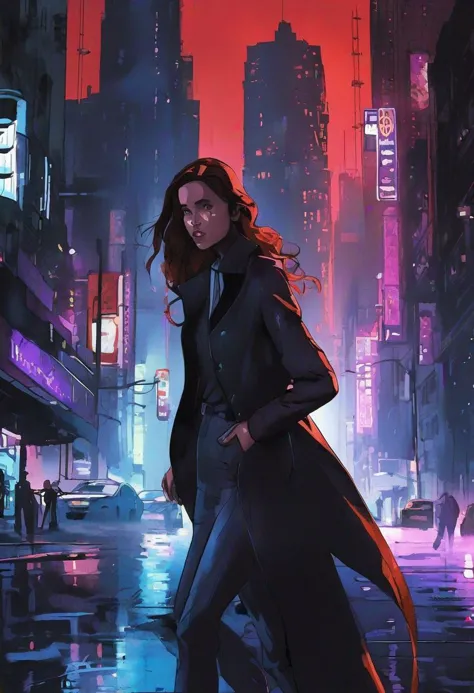 a woman in a black coat walking down a city street