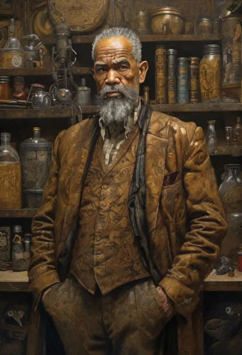 painting of a man standing in a room with many jars