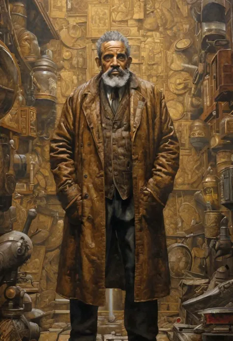 The old man, portrayed in the style of gritty urban realism by Smakang by Meeghaj Kadames, stands as a fusion of baroque sci-fi and influences from Adrian Paul Allinson, Tim Okamura, and Henry Ossawa Tanner. The symmetrical composition accentuates the lucid atmosphere surrounding him.