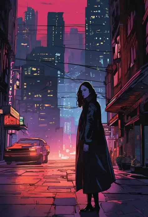 a man in a black coat standing on a city street