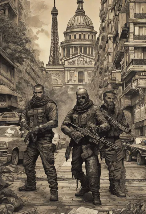 a drawing of three soldiers walking down a street in front of a building