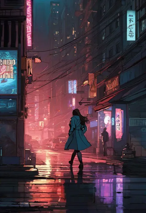 a woman walking down a street at night in a city