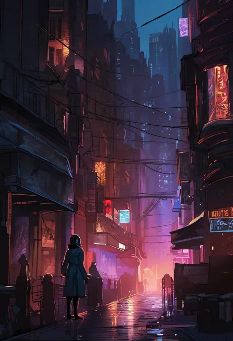 a woman walking down a street at night in a city