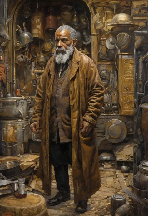 painting of a man standing in a workshop with many pots and pans