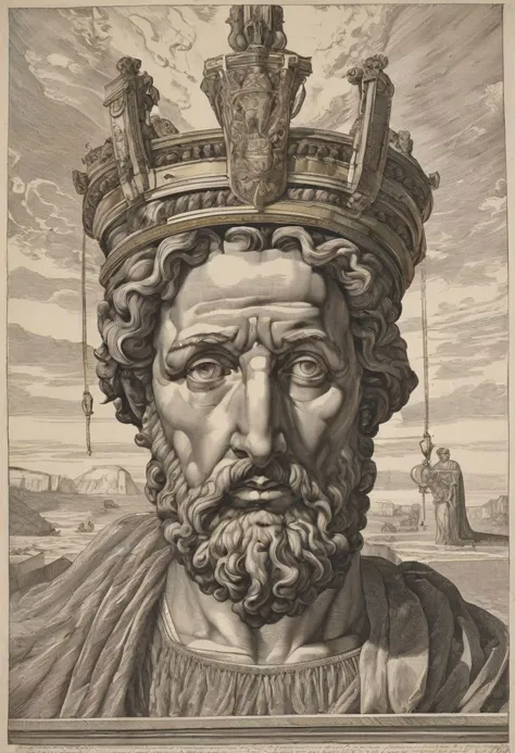 Damocles, portrayed with striking detail and depth, emerges from the canvas, a figure of both awe and apprehension. His weathered visage, etched with the lines of wisdom and burden, reflects the weight of the world upon his shoulders. The artist, capturing the essence of his story, depicts Damocles with a sword suspended above his head by a single thread, a constant reminder of the precariousness of power and the ever-present threat of danger. His eyes, filled with a mixture of fear and resignation, speak volumes about the tumultuous journey he has endured. Despite the symmetrical composition surrounding him, there is a palpable tension in the air, as if at any moment, the sword may come crashing down, forever altering the course of his fate.