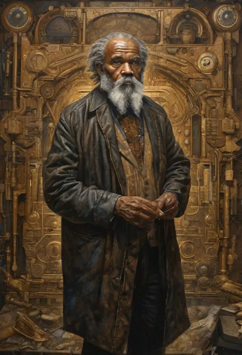 The old man, portrayed in the style of gritty urban realism by Smakang by Meeghaj Kadames, stands as a fusion of baroque sci-fi and influences from Adrian Paul Allinson, Tim Okamura, and Henry Ossawa Tanner. The symmetrical composition accentuates the lucid atmosphere surrounding him.