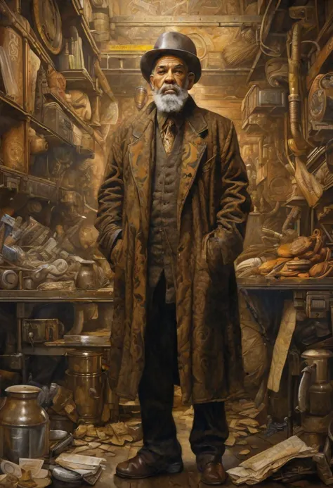 a painting of a man standing in a room with lots of food