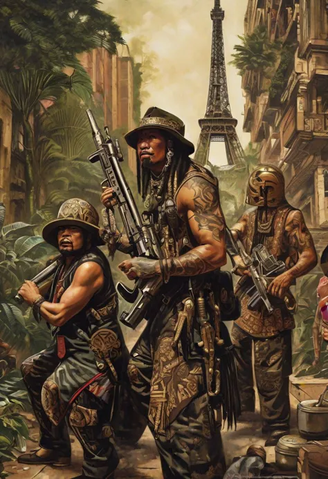 a painting of a group of soldiers with guns and helmets