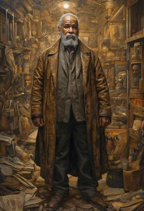 The old man, portrayed in the style of gritty urban realism by Smakang by Meeghaj Kadames, stands as a fusion of baroque sci-fi and influences from Adrian Paul Allinson, Tim Okamura, and Henry Ossawa Tanner. The symmetrical composition accentuates the lucid atmosphere surrounding him.