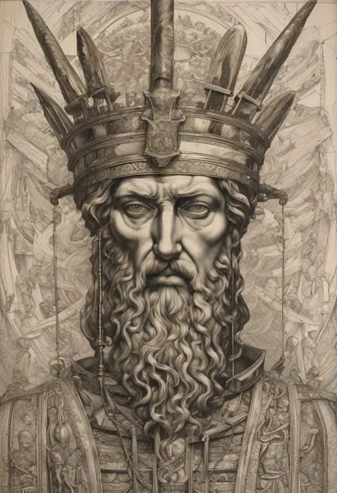 a drawing of a statue of a man with a crown on his head